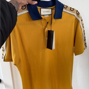 (SOLD) Gucci Men's Mustard Polo with Navy Collar